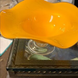 Hand blown Tango glass tangerine fluted pedestal bowl 10”- Teleflora.